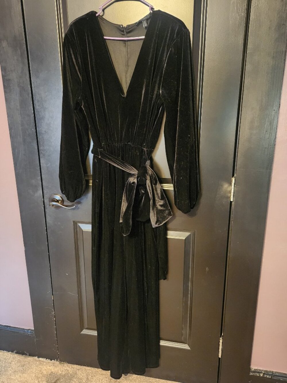 Velvet Wide Leg Long Sleeve Jumpsuit with Tie Waist